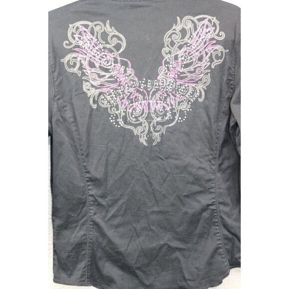 Harley Davidson Long Sleeve Button-Up Shirt-Medium-Rhinestones-Angel Wings - Picture 11 of 13